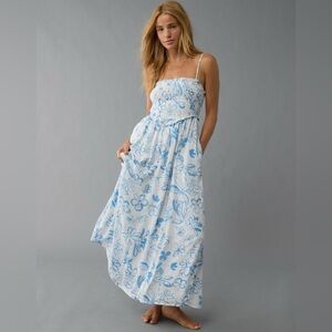 American Eagle Blue Floral Smocked Waist Midi Dress - XS